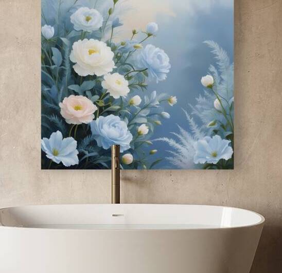 A celestial painting featuring blue and white flowers in soft pastel tones adding tranquility and beauty to your decor. Generative Al by Arteza