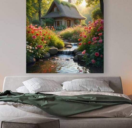 A charming cottage by a flowing stream surrounded by vibrant flowers and lush greenery evoking a fairytale atmosphere. Generative Al by Arteza