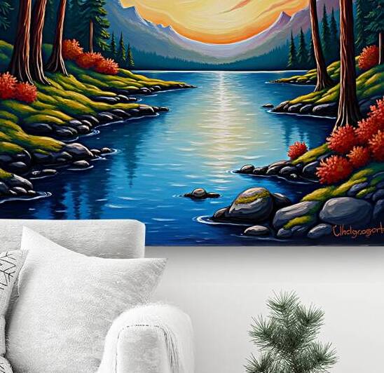 A serene mountain landscape featuring a vibrant sunset towering pines and a calm lake perfect for home decor inspiration. Generative Al by Arteza