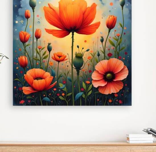 A vibrant painting of red poppies in a sunlit field with a central orange poppy and a dreamy blue sky above. Generative Al by Arteza