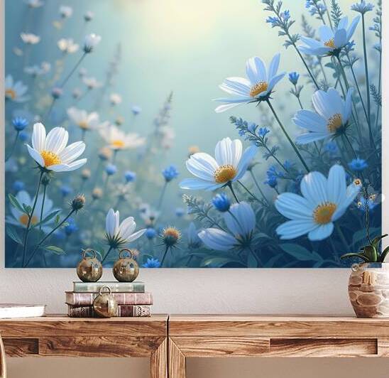 Blue flowers and grass glisten in morning light creating a serene and dreamy meadow atmosphere. Generative Al by Arteza