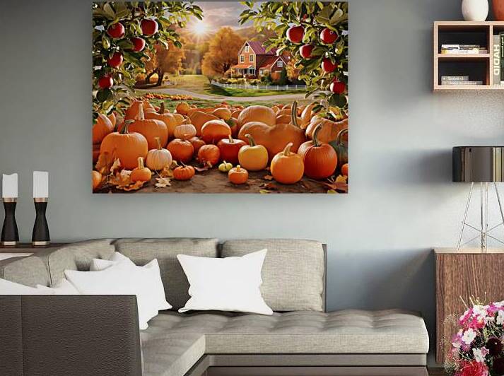 Colorful pumpkins and apples in a sunlit field with a cozy house in the background capturing the essence of autumn. Generative Al by Arteza
