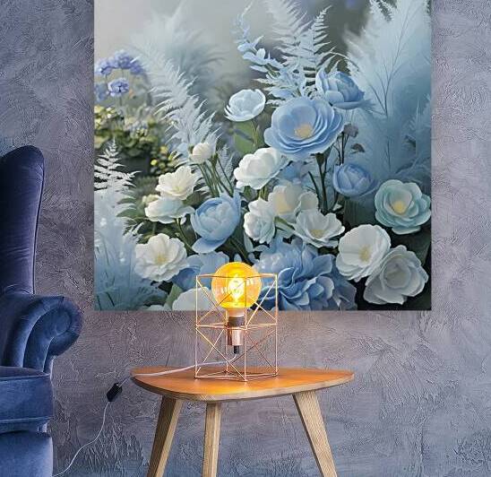Delicate blue and white blooms in a floral arrangement perfect for creating a serene and elegant atmosphere in your home. Generative Al by Arteza