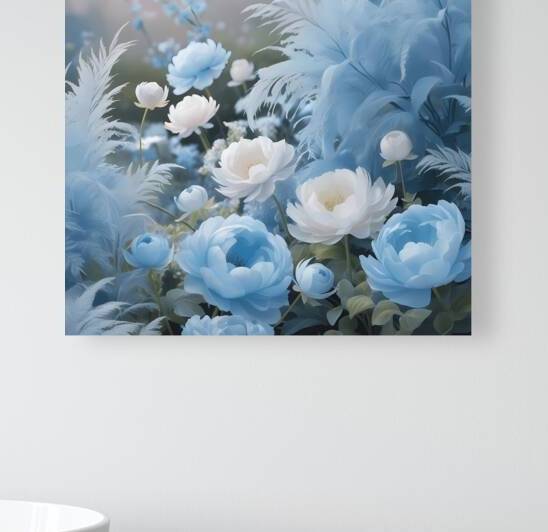 Delicate blue and white blossoms form a soothing wallpaper enhancing the ambiance with their soft hues. Generative Al by Arteza