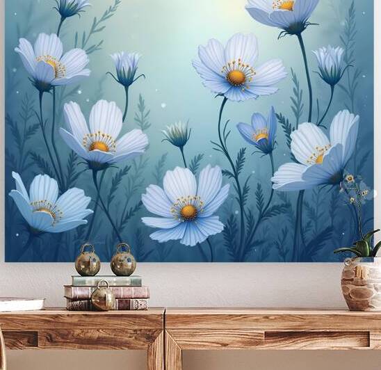 Delicate cosmos flowers bloom on a blue backdrop capturing the essence of a serene and enchanting meadow scene. Generative Al by Arteza