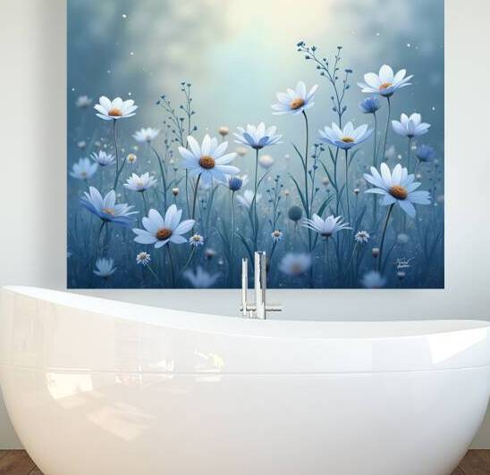 Delicate white daisies in a sunlit meadow evoking a sense of peace and enchantment in a vibrant natural setting. by Arteza