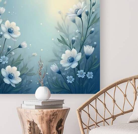 Elegant vector illustration of white flowers on a blue background capturing a tranquil and blooming beauty. Generative Al by Arteza
