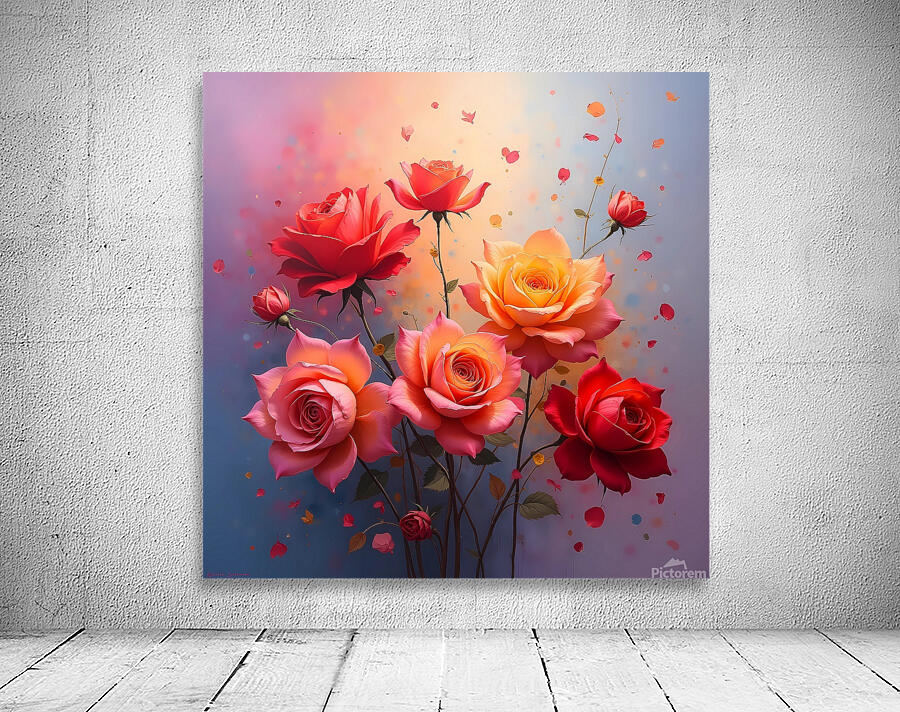 A vibrant painting of numerous roses showcasing delicate petals and shimmering dew creating a romantic atmosphere. Generative Al  Wall Preview