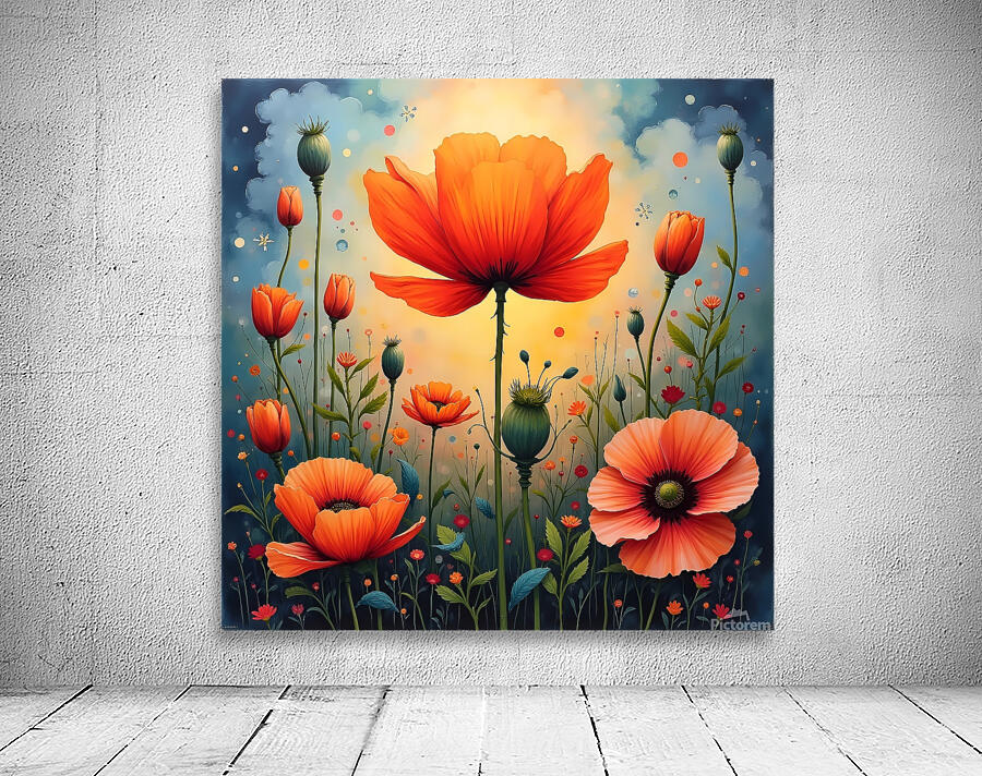 A vibrant painting of red poppies in a sunlit field with a central orange poppy and a dreamy blue sky above. Generative Al Wall Preview