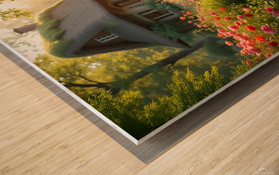 A charming cottage by a flowing stream surrounded by vibrant flowers and lush greenery evoking a fairytale atmosphere. Generative Al Wood print