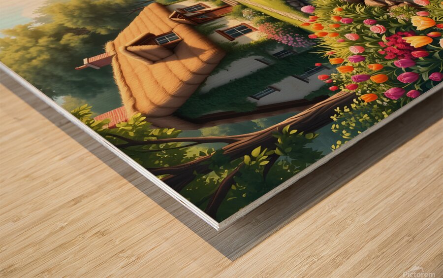 A fairytale cottage surrounded by a vibrant garden featuring a stream and sunlit path embodying cottagecore charm. Generative Al Wood print