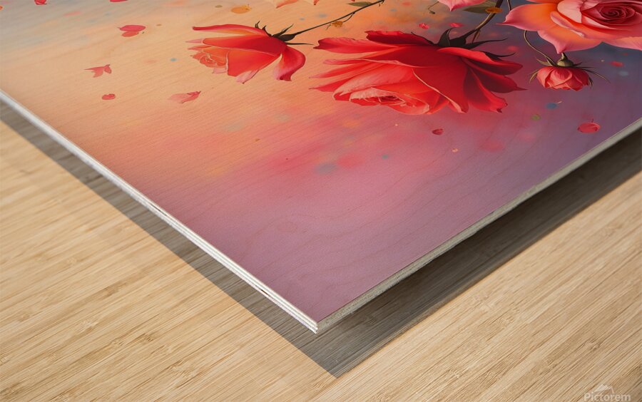 A vibrant painting of numerous roses showcasing delicate petals and shimmering dew creating a romantic atmosphere. Generative Al  Wood print