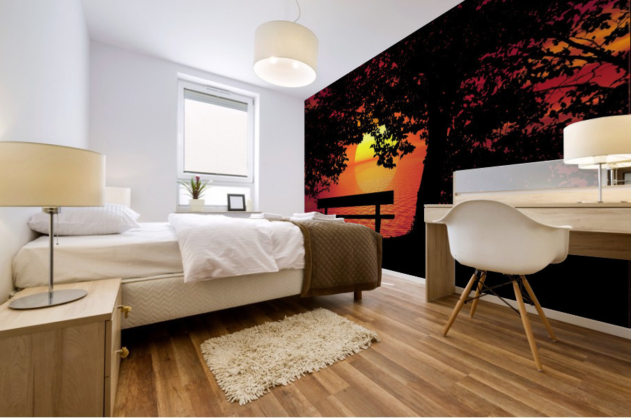 Sunset Bench Trees night Mural print