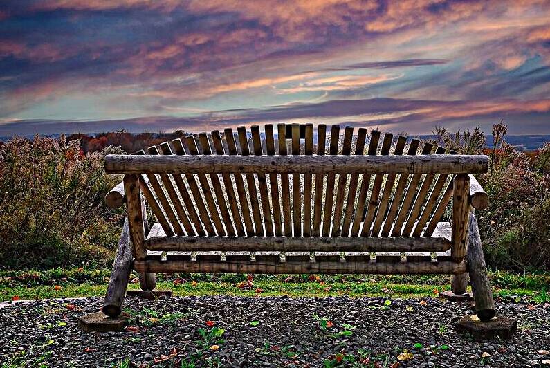 Bench watching sunset - Finger Lakes Lansing NY by Mark Barrett Photography