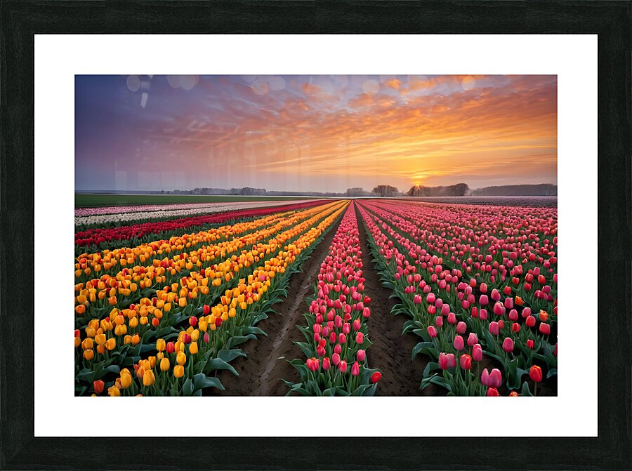 Beautiful Red and Yellow Tulips With RainDrops with sunrise   Picture Frame print