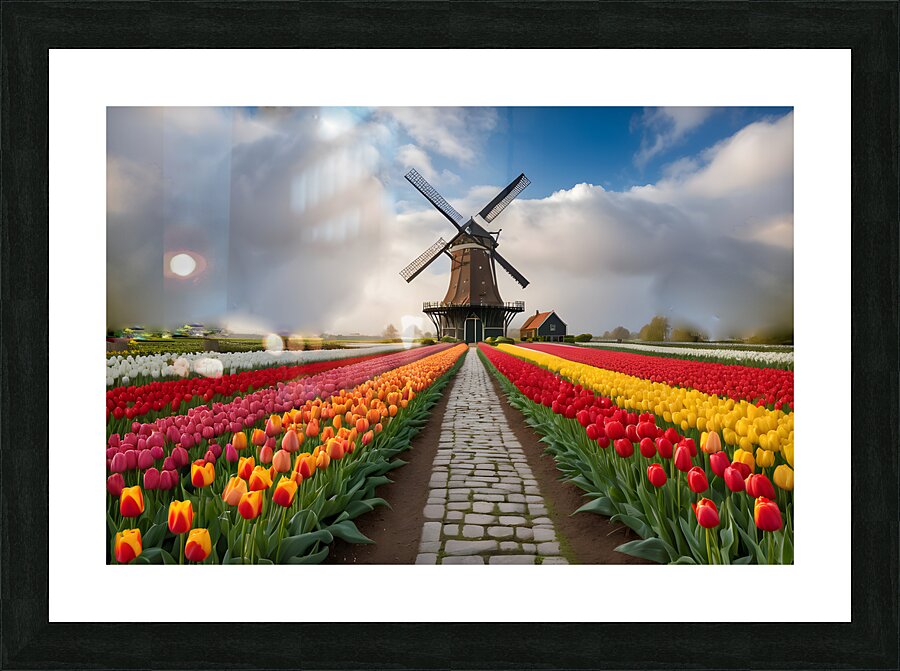 Beautiful Red and Yellow Tulips with sunrise with Windmill   Picture Frame print
