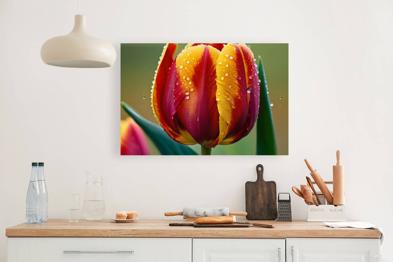 Clous-UP Beautiful Red and Yellow Tulips With RainDrops Reproduction