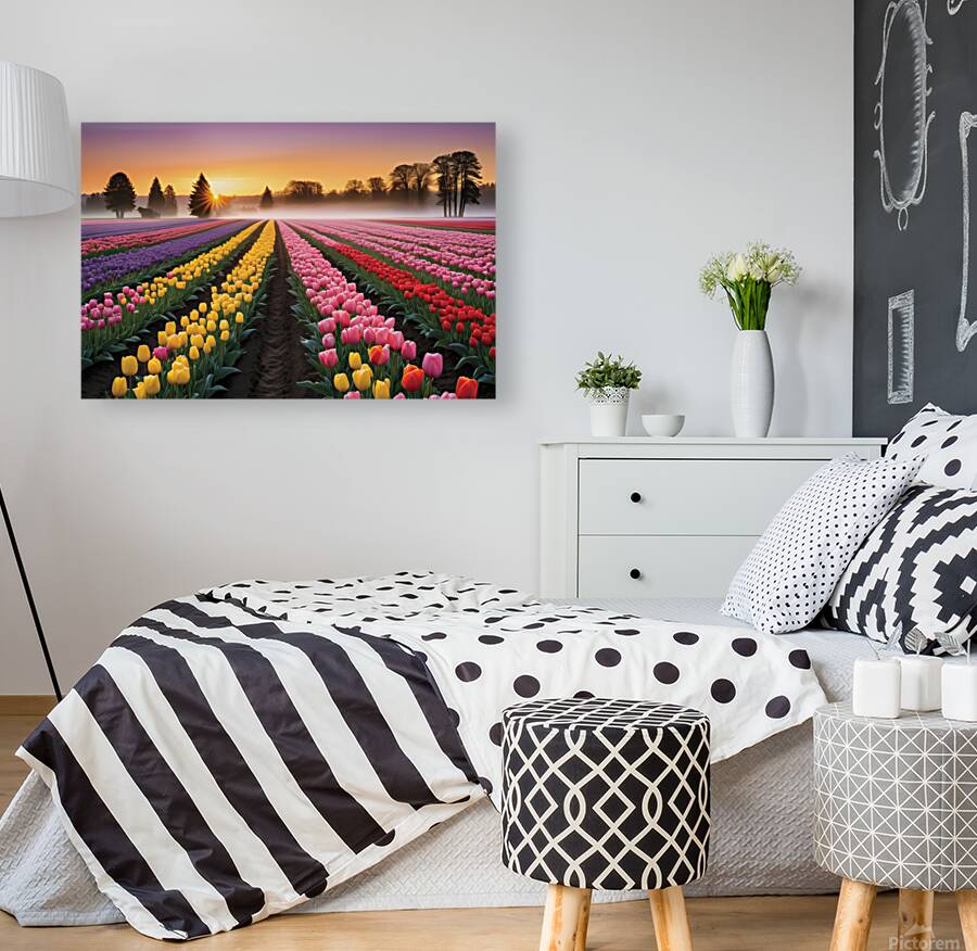 Beautiful Red and Yellow Tulips with sunrise and Clouds Reproduction