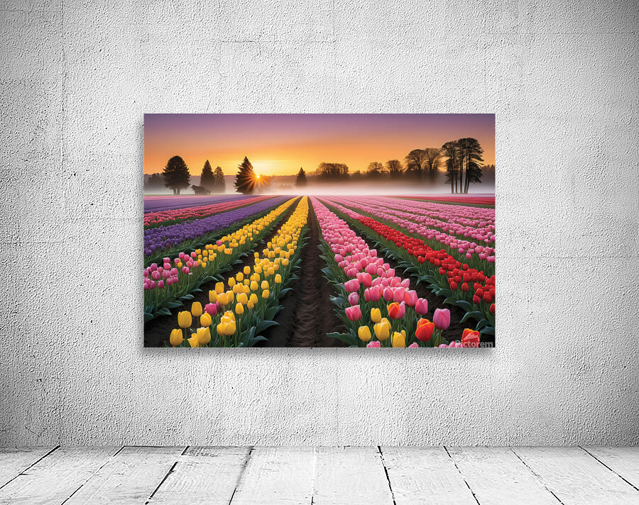 Beautiful Red and Yellow Tulips with sunrise and Clouds Wall Preview