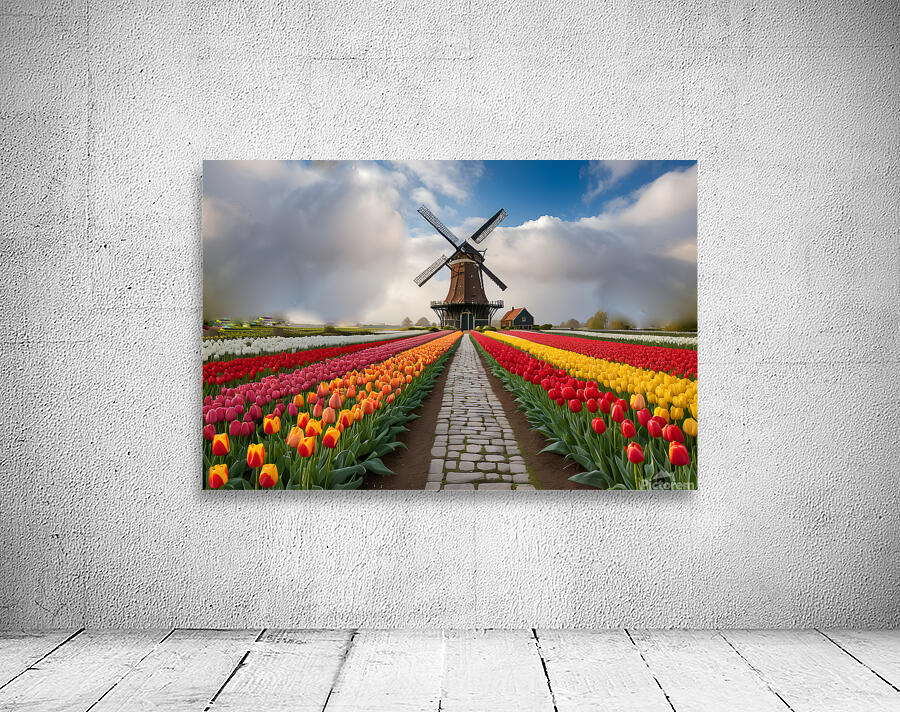 Beautiful Red and Yellow Tulips with sunrise with Windmill   Wall Preview