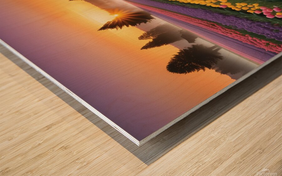 Beautiful Red and Yellow Tulips with sunrise and Clouds Wood print