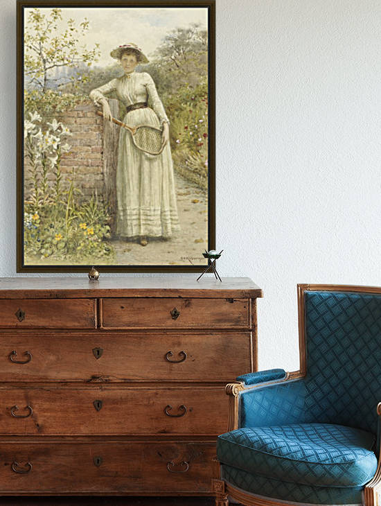 A young lady with a tennis rocket by George Goodwin Kilburne