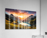  stunning mural depicting a breathtaking sunrise over a serene lake nestled in the mountains. Acrylic Print