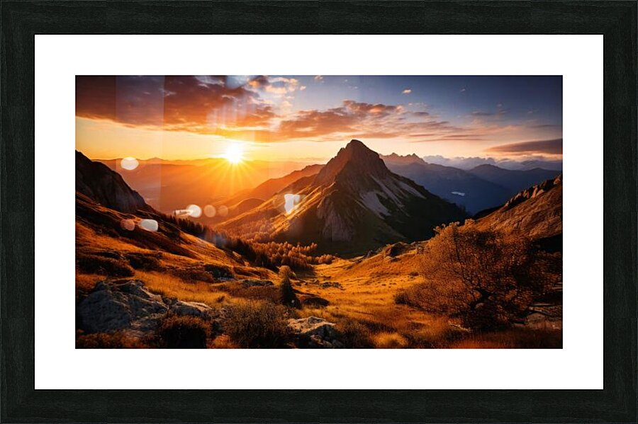 Stunning mural featuring a breathtaking sunrise over a majestic mountain range Picture Frame print