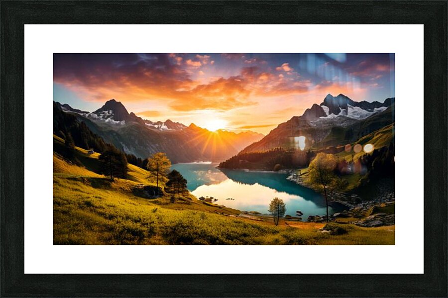  stunning mural depicting a breathtaking sunrise over a serene lake nestled in the mountains. Picture Frame print