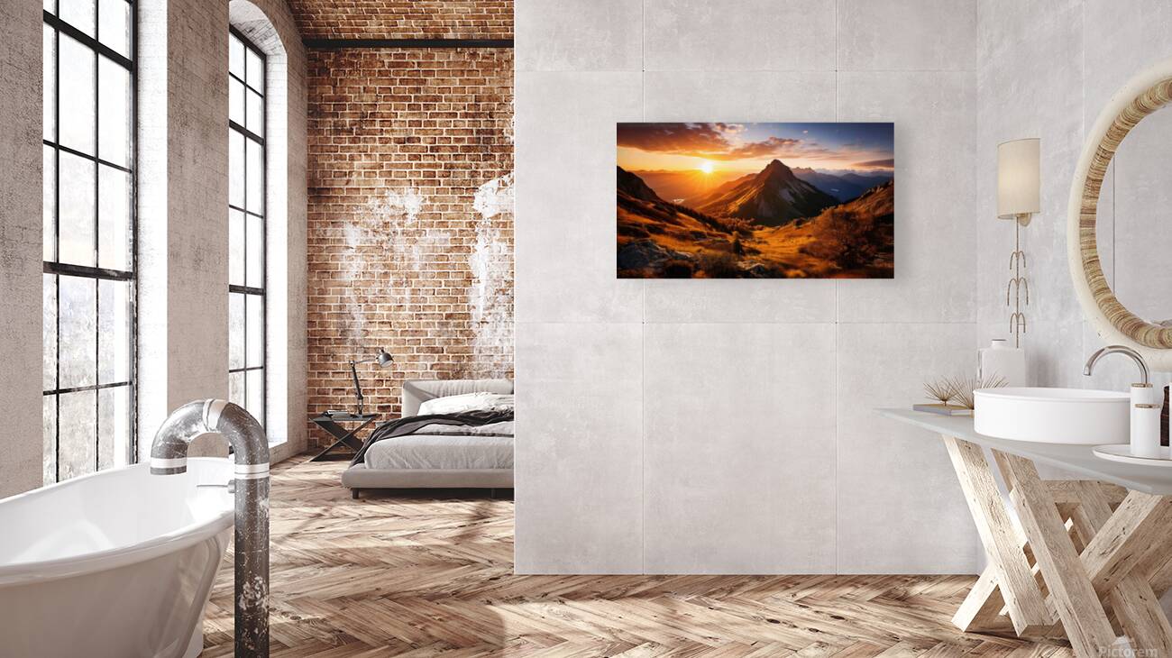 Stunning mural featuring a breathtaking sunrise over a majestic mountain range Reproduction