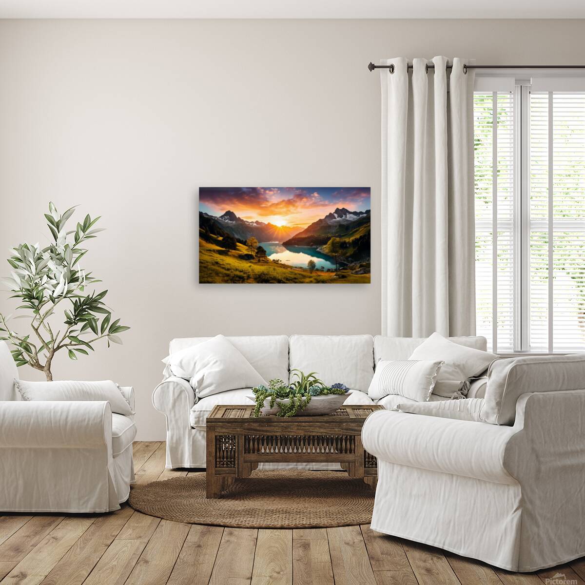 stunning mural depicting a breathtaking sunrise over a serene lake nestled in the mountains. Reproduction
