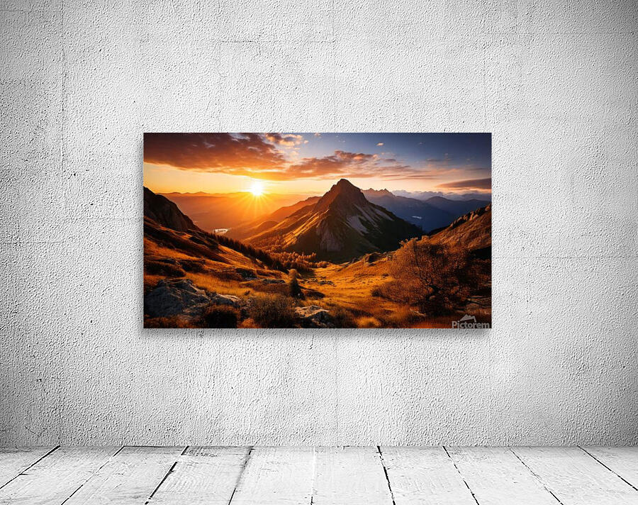 Stunning mural featuring a breathtaking sunrise over a majestic mountain range Wall Preview