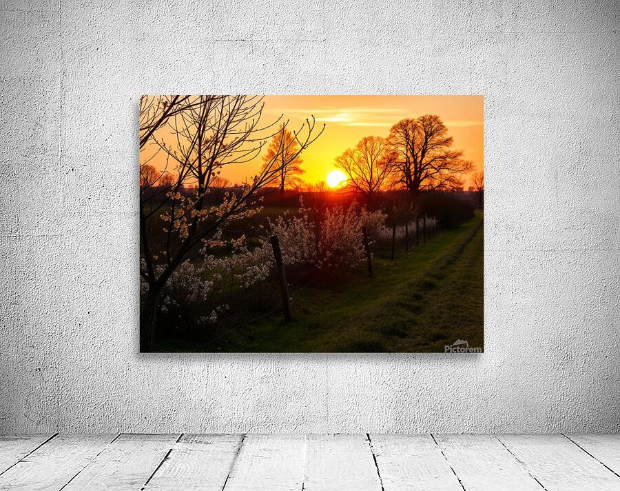  Stunning mural depicting a serene sunset over a vibrant field adorned with trees and blooming flowers. Wall Preview