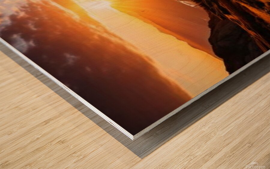 Stunning mural featuring a breathtaking sunrise over a majestic mountain range Wood print