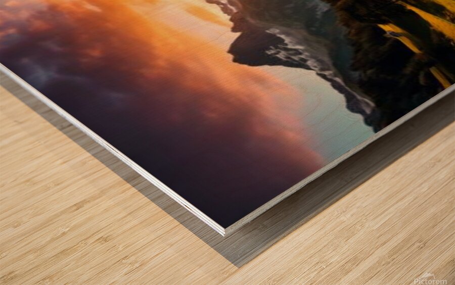  stunning mural depicting a breathtaking sunrise over a serene lake nestled in the mountains. Wood print