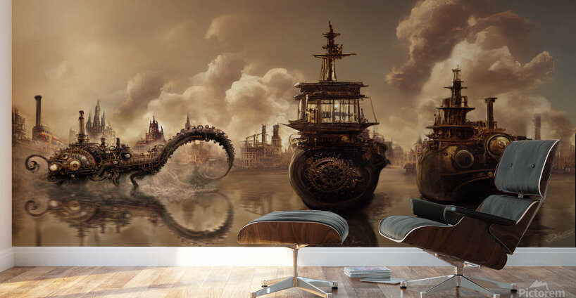 Steampunk harbor by johann DELESTREE Wall Art