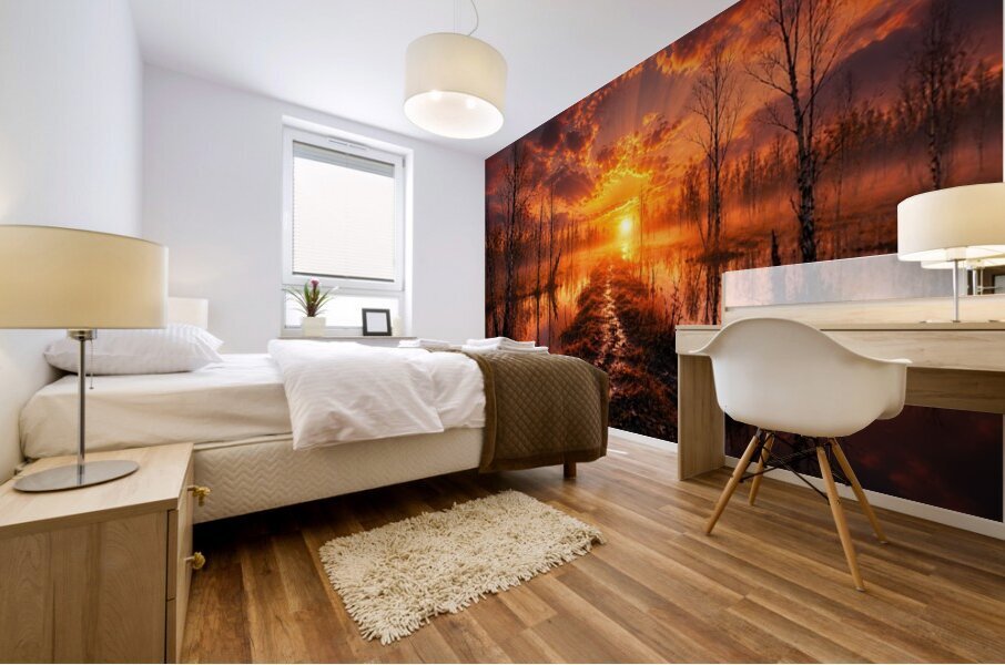 Dramatic Sunset Over Reflective Marshland Mural print