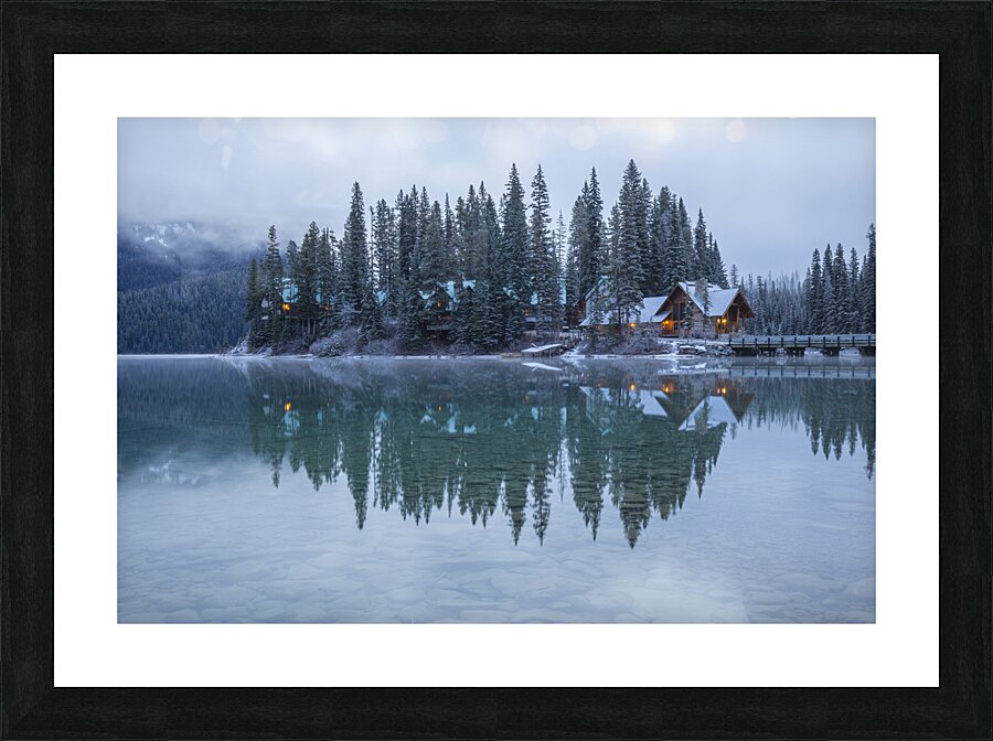 Misty Emerald Lake Chalet reflections Picture Frame print