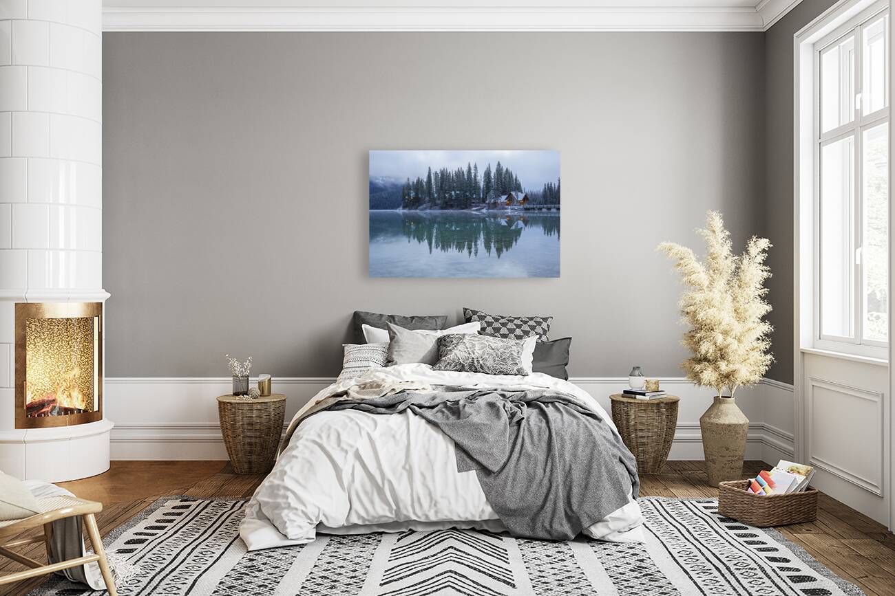 Misty Emerald Lake Chalet reflections Reproduction