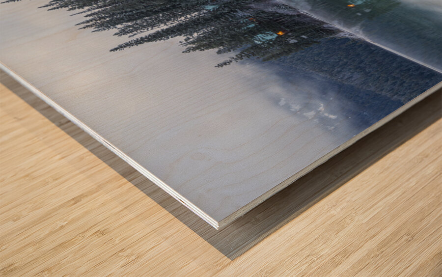 Misty Emerald Lake Chalet reflections Wood print