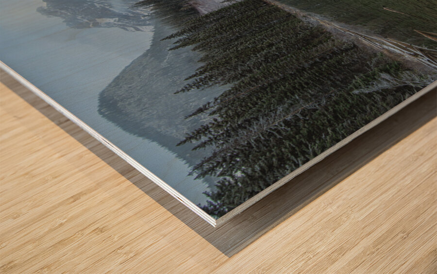 Misty Emerald Lake Mountain reflection Wood print