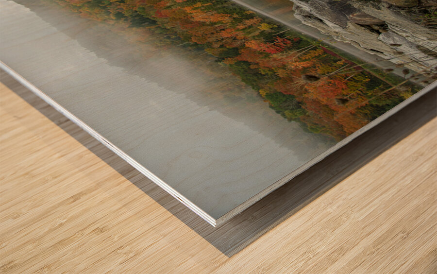 Harvey s Lake Autumn Fog Clearing Wood print