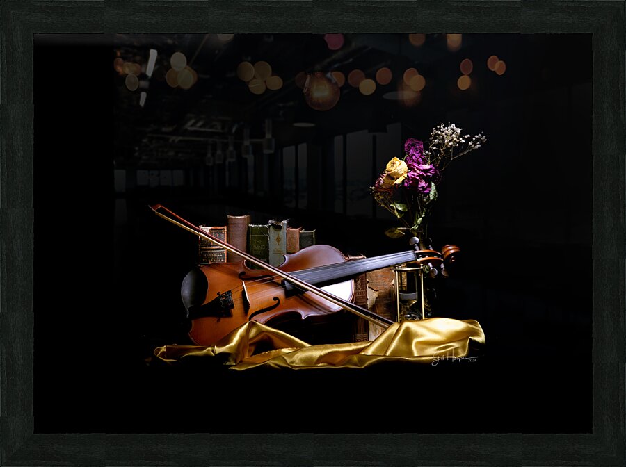 Violin and Books in Gold Picture Frame print