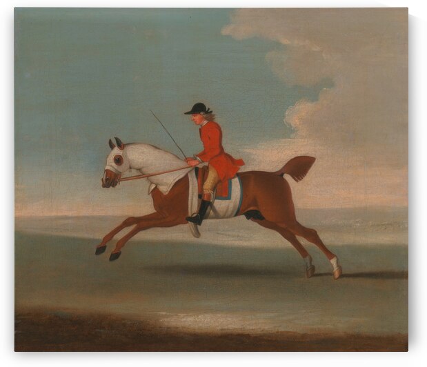 One of Four Portraits of Horses - a Chestnut Racehorse Exercised by a Trainer in a Red Coat: galloping to the left the horse wearing white sweat covers on head neck and body by James Seymour    by Goldfishwallart