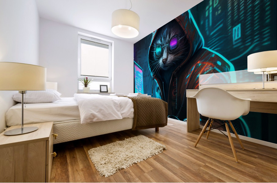 Hacker Cat Cyberpunk   Mural print