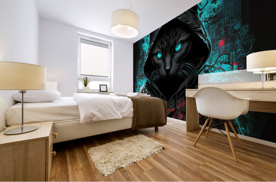 cyberpunk hacker cat Mural print