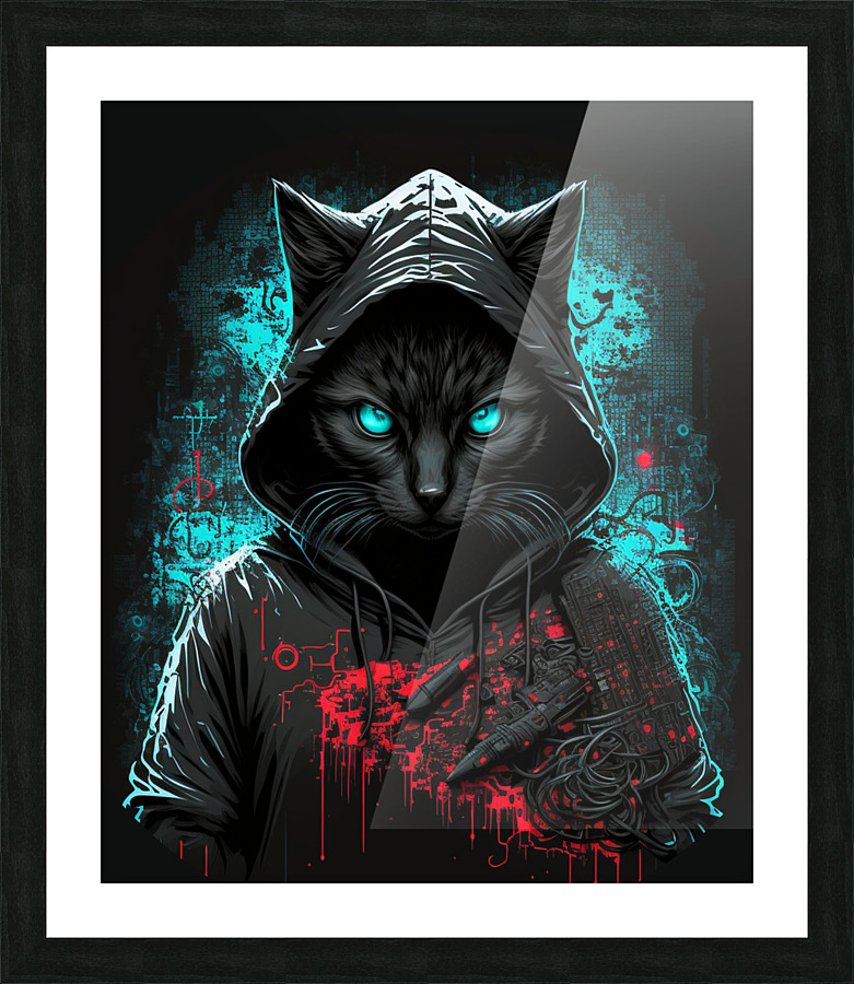 cyberpunk hacker cat Picture Frame print