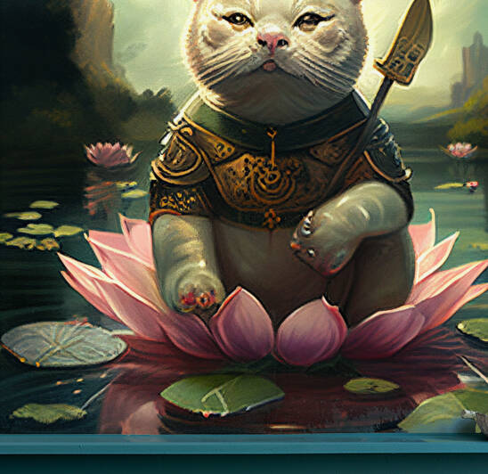 Epic warrior Cat and Lotus  by Goldfishwallart
