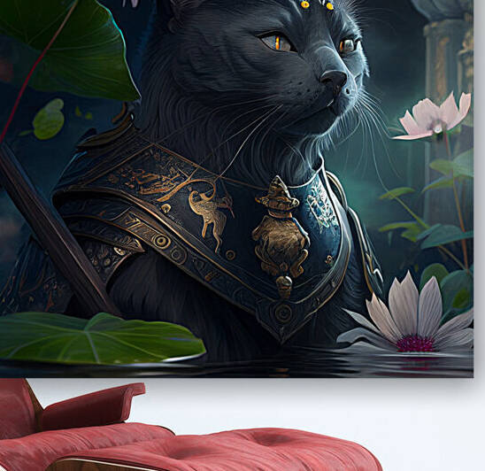 Black Epic warrior Cat and Lotus by Goldfishwallart