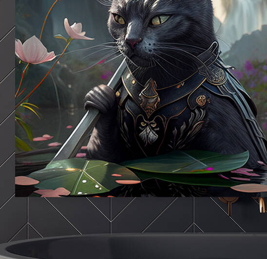 Black Epic warrior Cat and Lotus  by Goldfishwallart